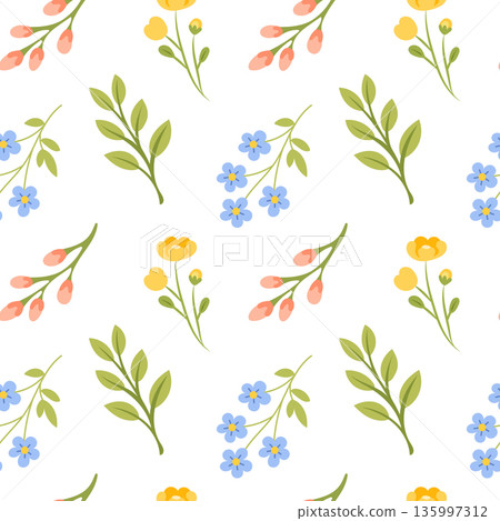 Spring Botanical Floral Seamless Pattern with Flower and Leaf Vector Illustration 135997312