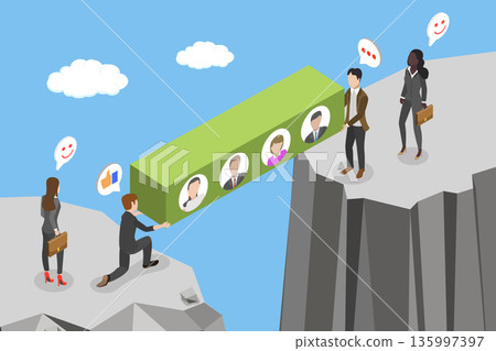 3D Isometric Flat Vector Illustration of Team Gap, Human Resources Team Building Bridges With Candidate Profiles For Strategic And Collaborative Hiring 135997397