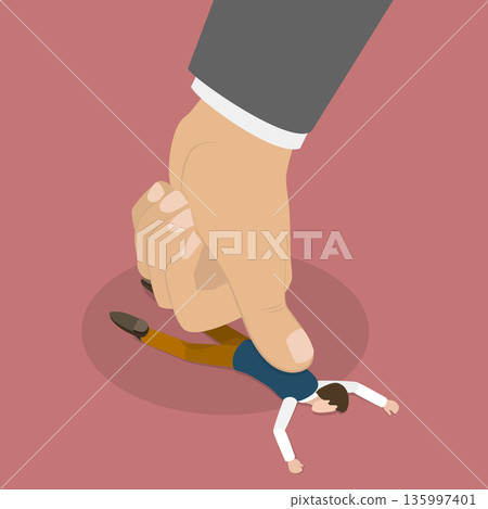 3D Isometric Flat Vector Illustration of Forced Labor, Visual Representation Of Man Being Pressed Down By Enormous Thumb. 135997401