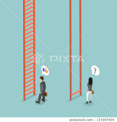 3D Isometric Flat Vector Illustration of Gender Inequality, Man And Woman By Career Corporate Ladder 135997404