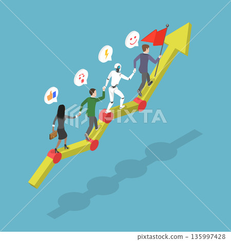 3D Isometric Flat Vector Illustration of Human-AI Team, Collaboration Between Humans And AI In Corporate Technology Development With Investment Growth 135997428