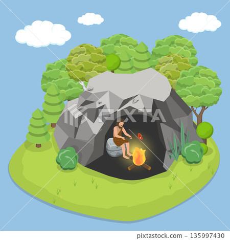 3D Isometric Flat Vector Illustration of Caveman, Primitive Man Prepares Meals In Underground Dwellings. 3D Isometric Flat Vector Illustration of Caveman, Primitive Man Prepares Meals In Underground Dwellings. 135997430