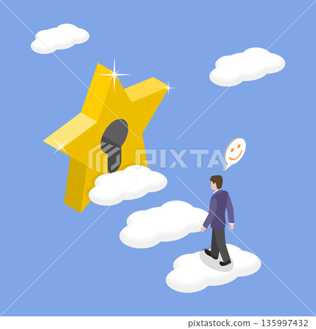 3D Isometric Flat Vector Illustration of Dream Big, Approaching Massive Star-Shaped Keyhole, Symbolizing Ambitious Goals 135997432