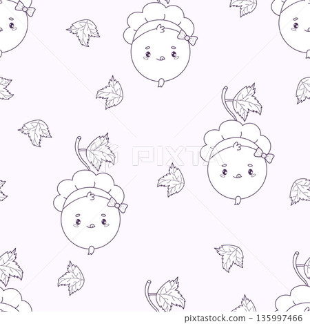 Outline Cute Blackcurrant Chef Girl Character Seamless Pattern. Funny Berry Mascot on Light Background with Leaves. Line Drawing, Coloring. Vector illustration. . Kids collection Outline Cute Blackcurrant Chef Girl Character Seamless Pattern. Funny Berry Mascot on Light Background with Leaves. Line Drawing, Coloring. Vector illustration. . Kids collection 135997466