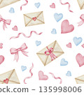 Seamless watercolor pattern with a paper envelope, pink hearts, and blue satin ribbons. White background, hand-drawn. For wrapping paper, textiles, Valentine's Day cards, weddings, birthdays 135998006