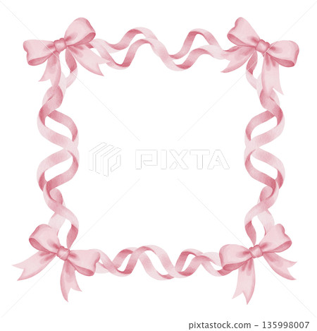 Elegant watercolor frame of pink satin bows and ribbons with central text space on white background, template for wedding invitations, Valentine's cards, and holiday announcements Elegant watercolor frame of pink satin bows and ribbons with central text space on white background, template for wedding invitations, Valentine's cards, and holiday announcements 135998007