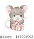 Cute illustration of gray watercolor mouse preparing gift box with red bow, isolated on white background, for holiday cards, children's stories, baby shower and party invitations 135998008
