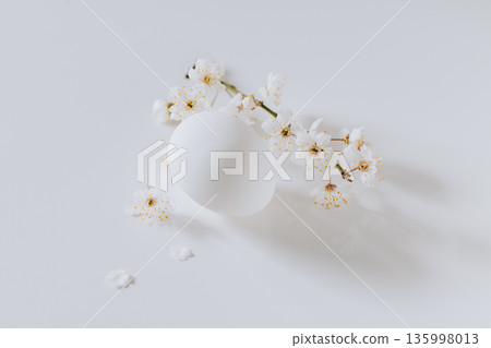 Beautiful branch with white blossom and eggs on a white background. Minimal concept. Beautiful branch with white blossom and eggs on a white background. Minimal concept. 135998013