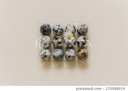 Eggs with daisy flower in a box on a light yellow background. Easter minimal concept. 135998014