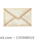 Hand-drawn watercolor illustration of a sealed, beige vintage paper envelope isolated on a white background, suitable for stationery, certificates, and nostalgic design projects 135998019