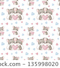 Seamless watercolor pattern of loving mice holding a pink heart with scattered blue and pink hearts on white background, perfect for kids Valentine's wallpaper and wedding greeting cards 135998020