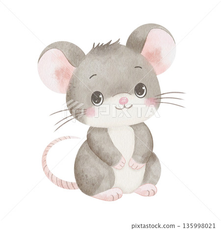 Cute gray mouse with big eyes, hand-drawn watercolor illustration, isolated on white background. Perfect for children's book art, invitations, and nursery decor Cute gray mouse with big eyes, hand-drawn watercolor illustration, isolated on white background. Perfect for children's book art, invitations, and nursery decor 135998021