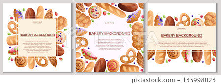 A set of colorful backgrounds with delicious pastries on a white background. The concept of confectionery, baking, cooking. Vector illustration for the design of poster, flyer, postcard, invitation 135998023
