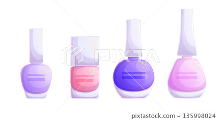 A set of colorful bottles of nail polish, gel polish. The concept of beauty and nail design. Isolated vector illustration for the design of printed publications, banner, postcard, brochure, flyer . 135998024