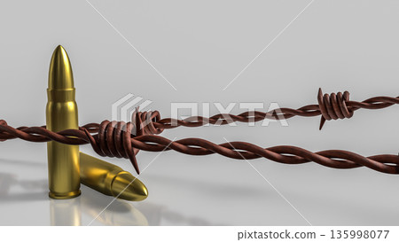 Bullets Trapped in Barbed Wire Concept of Conflict and Restriction 3d render. Bullets Trapped in Barbed Wire Concept of Conflict and Restriction 3d render. 135998077