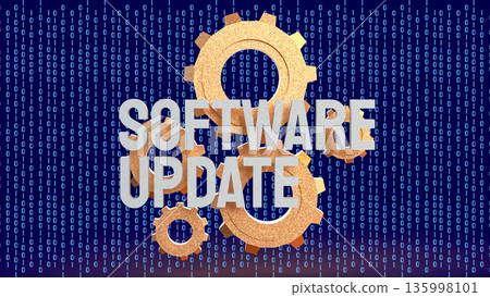 Software Update Technology Concept With Gears And Binary Data 3d render. 135998101