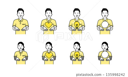 一組男女雙手扶持圖案的插圖，包括心形、燈泡、圓形等元素，簡潔的向量圖。 135998242