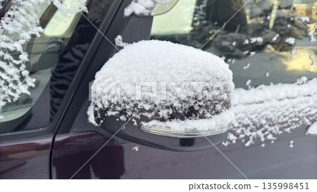 Snow piled up on the car rearview mirror Snow country scenery Snow piled up on the car rearview mirror Snow country scenery 135998451