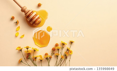 Honey Drizzle with Flowers - Natural Wellness Banner. AI generated image. 135998649