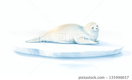 Seal Pup on Ice, International Day for the Protection of Seals, Wildlife Conservation Concept, banner with copy space. AI generated image. 135998657