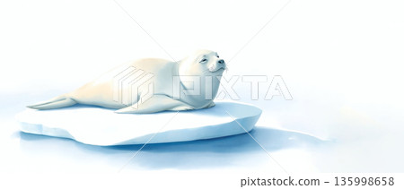 Seal Pup on Ice, International Day for the Protection of Seals, Wildlife Conservation Concept, banner with copy space. AI generated image. 135998658