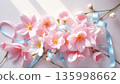 Pink Flowers with Soft Ribbons, Spring Floral Composition. AI generated image. 135998662