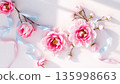Pink Flowers with Soft Ribbons, Spring Floral Composition. AI generated image. 135998663