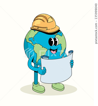 earth holding the blueprint groovy cartoon illustration 135999040