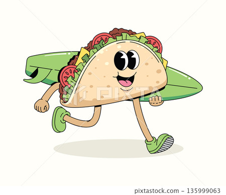 taco surf walk groovy cartoon illustration 135999063