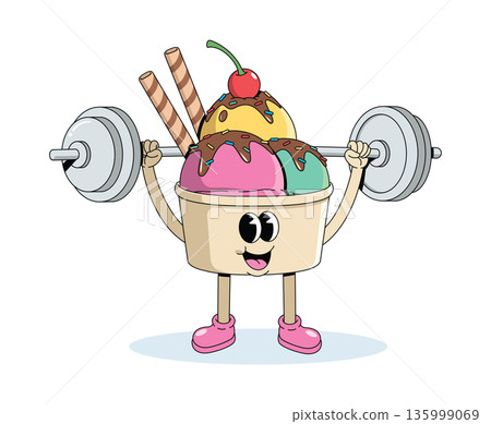 ice cream cup weightlifting groovy cartoon illustration 135999069