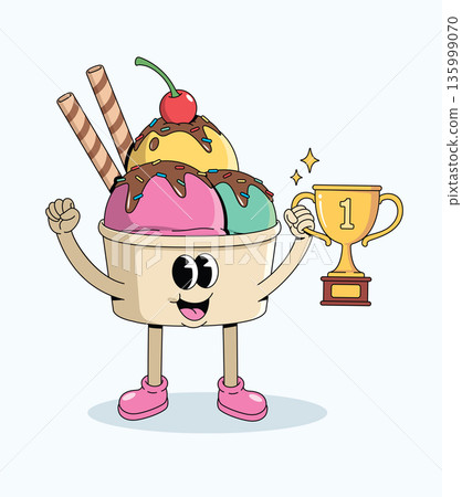 ice cream cup trophy groovy cartoon illustration 135999070