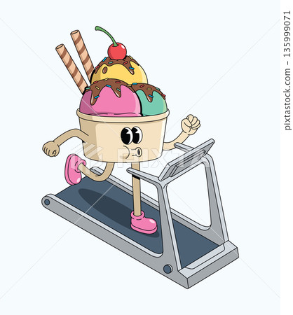 ice cream cup treadmill groovy cartoon illustration 135999071