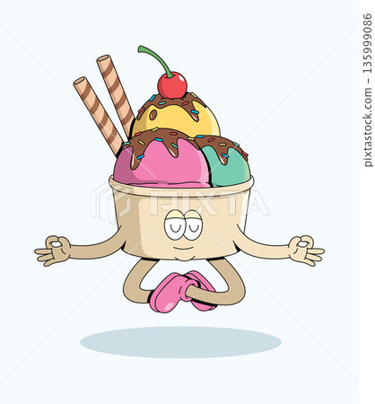 ice cream cup meditation groovy cartoon illustration 135999086