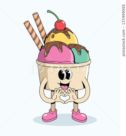 ice cream cup love hand groovy cartoon illustration 135999088