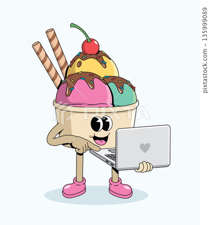 ice cream cup laptop groovy cartoon illustration ice cream cup laptop groovy cartoon illustration 135999089