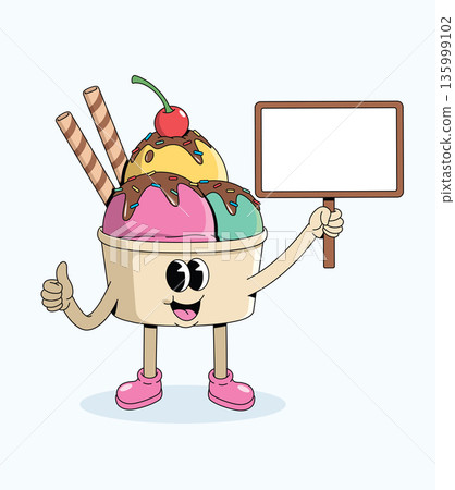 ice cream cup blank board groovy cartoon illustration 135999102
