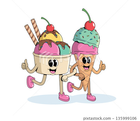 ice cream cup and ice cream cone groovy cartoon illustration ice cream cup and ice cream cone groovy cartoon illustration 135999106