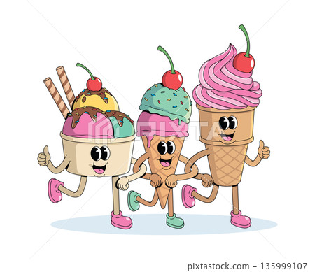 ice cream cup and cone walk together groovy cartoon illustration 135999107