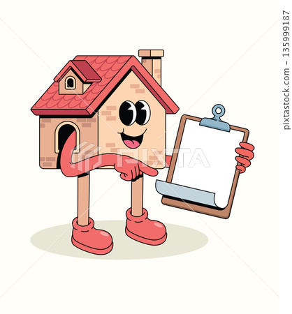 house blank note groovy cartoon illustration 135999187