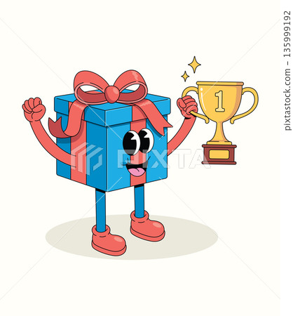 gift box trophy groovy cartoon illustration 135999192