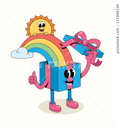 gift box rainbow open groovy cartoon illustration gift box rainbow open groovy cartoon illustration 135999196