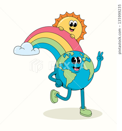 earth rainbow groovy cartoon illustration earth rainbow groovy cartoon illustration 135999235