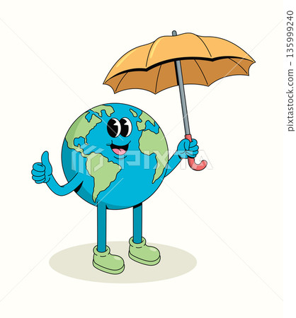 earth hold umbrella groovy cartoon illustration 135999240