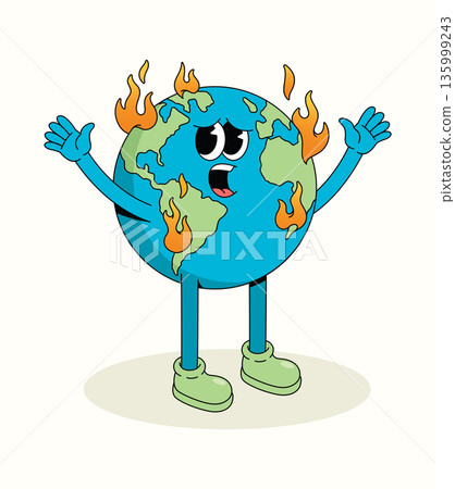 earth fire disaster groovy cartoon illustration 135999243