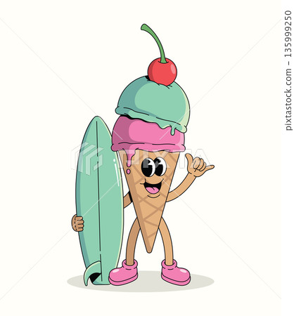 colorful ice cream surf groovy cartoon illustration colorful ice cream surf groovy cartoon illustration 135999250