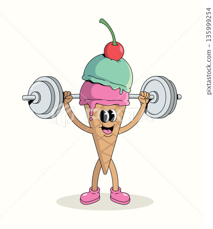 colorful ice cream cone weightlifting groovy cartoon illustration 135999254