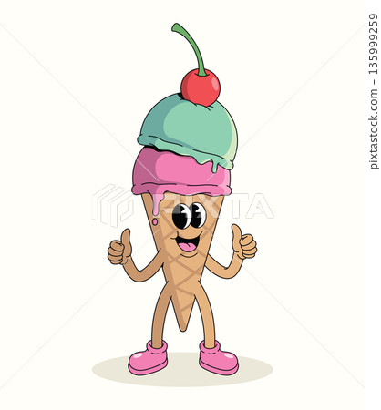 colorful ice cream cone thumbs up groovy cartoon illustration 135999259