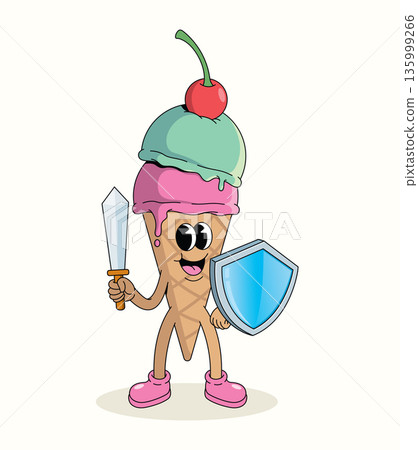 colorful ice cream cone protection groovy cartoon illustration 135999266