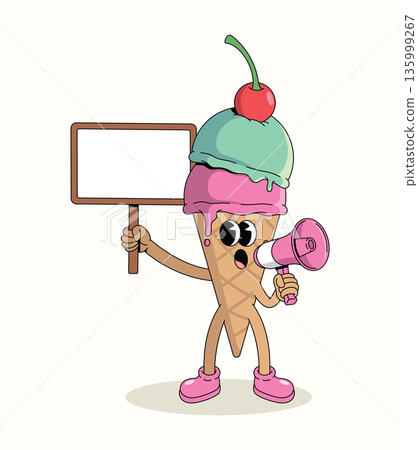 colorful ice cream cone megaphone groovy cartoon illustration 135999267