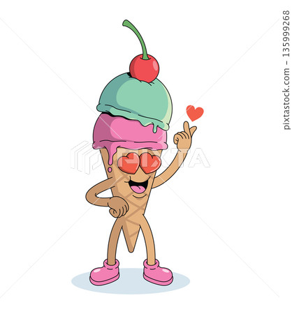 colorful ice cream cone love happy groovy cartoon illustration 135999268